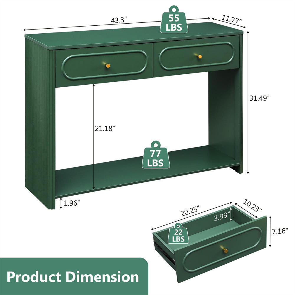 Green console table with dimensions and weight labels on a white background
