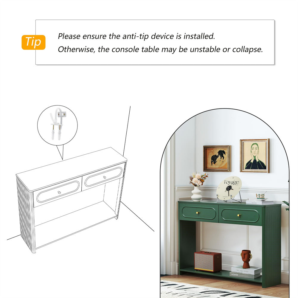 Green console table with decorative items in a room setting, featuring an inset diagram of an anti-tip device.