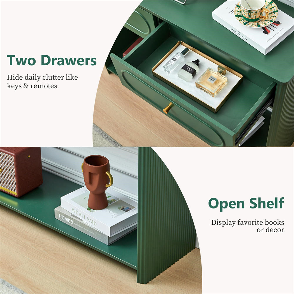 Green side table with two drawers and an open shelf, displaying items.