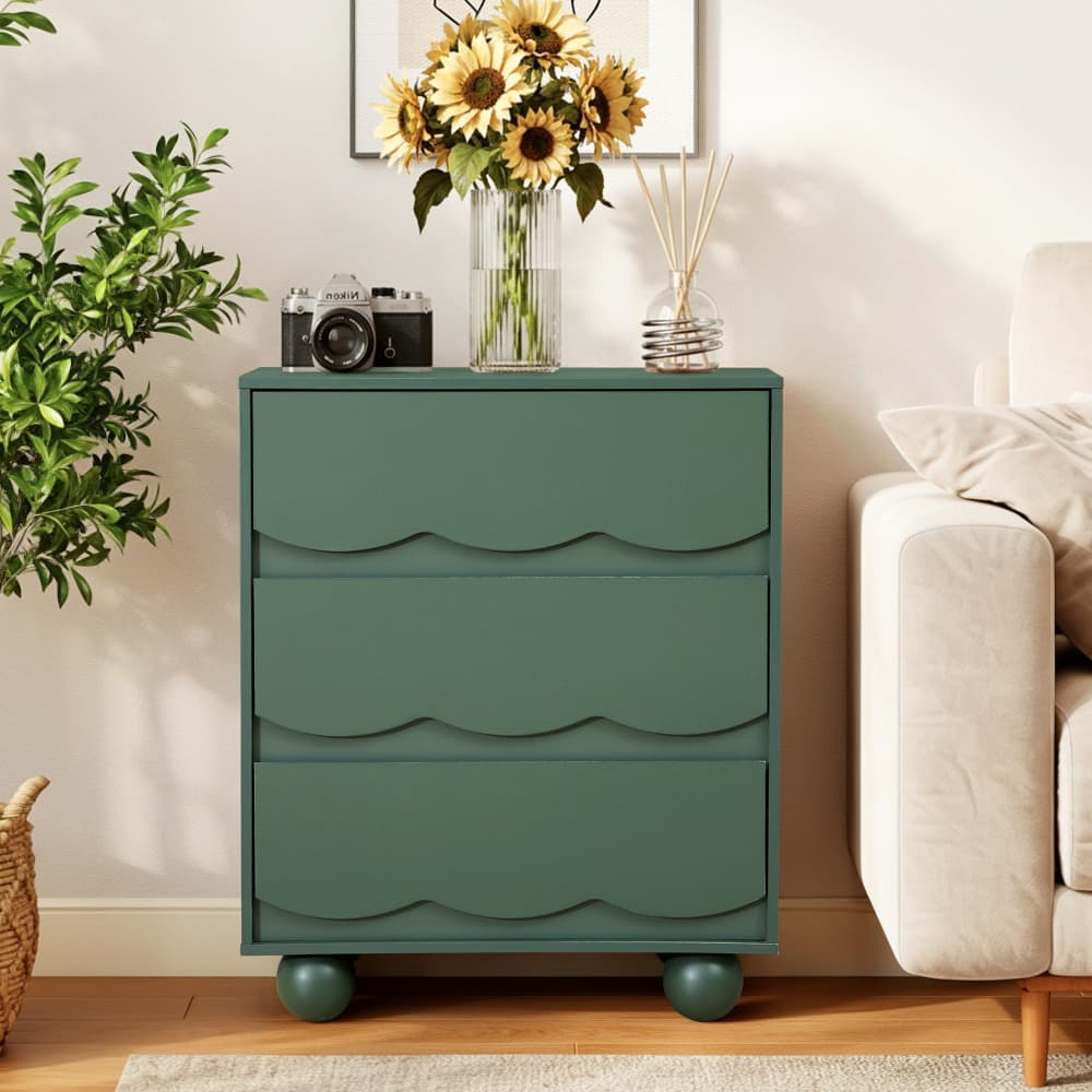 Green Mid-Century Modern Scalloped 3 Drawer Nightstand Side Table with Ball Feet