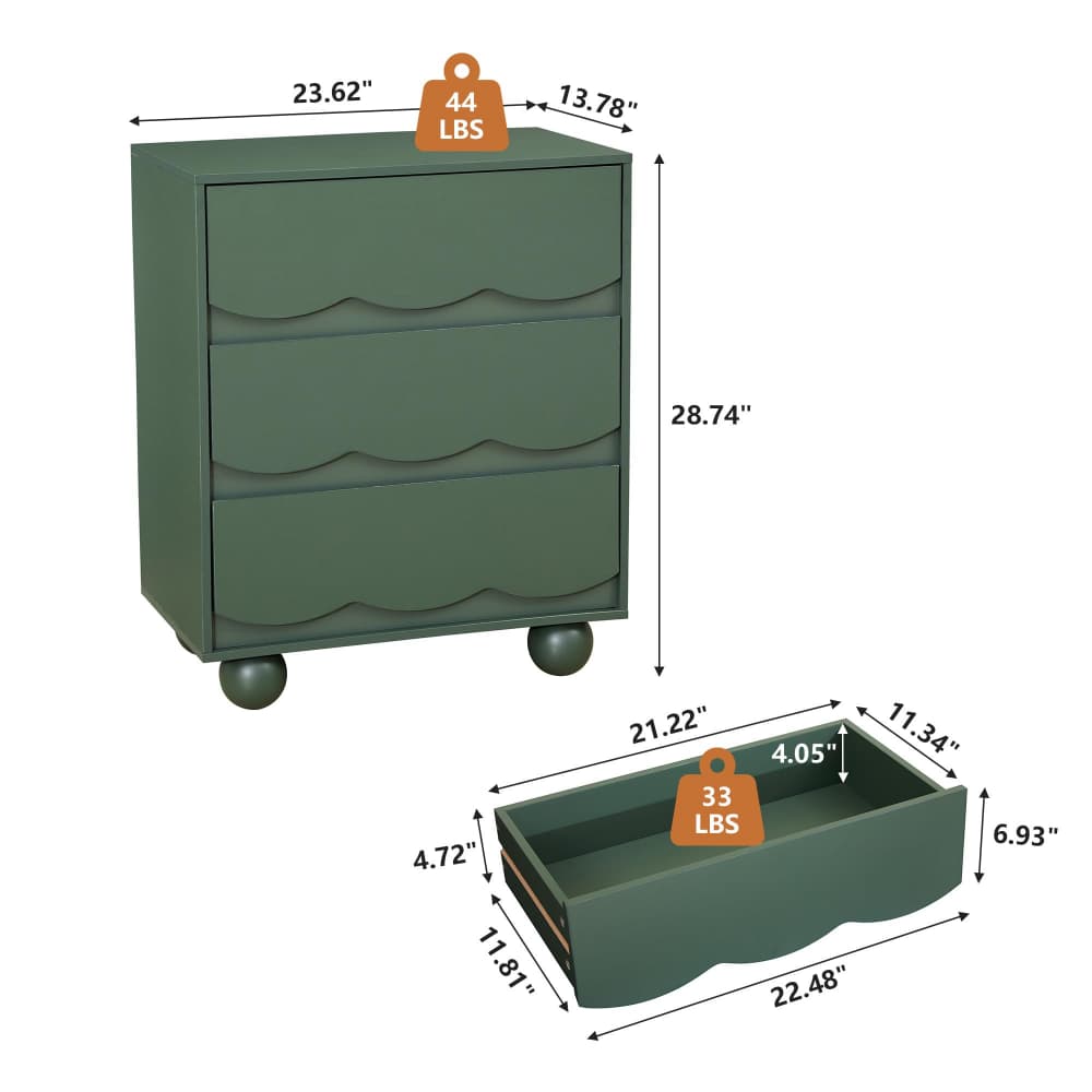 Green Mid-Century Modern Scalloped 3 Drawer Nightstand Side Table with Ball Feet