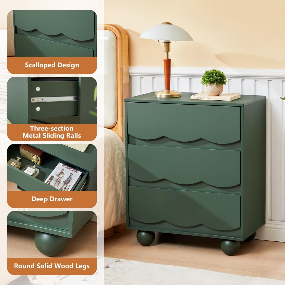 Green Mid-Century Modern Scalloped 3 Drawer Nightstand Side Table with Ball Feet