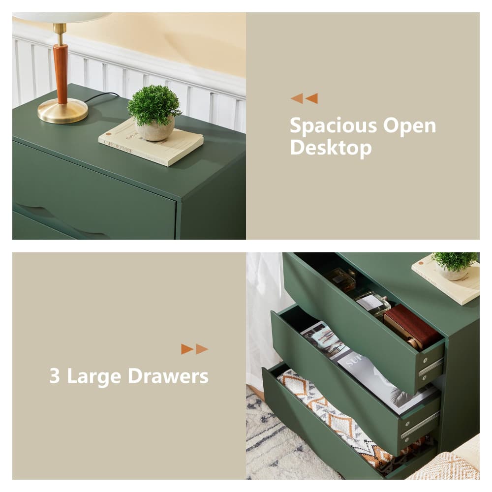 A 2x2 promotional collage for a dark green nightstand or storage cabinet. Top-left panel shows the cabinet with a lamp and small plant on top, labeled 'Spacious Open Desktop.