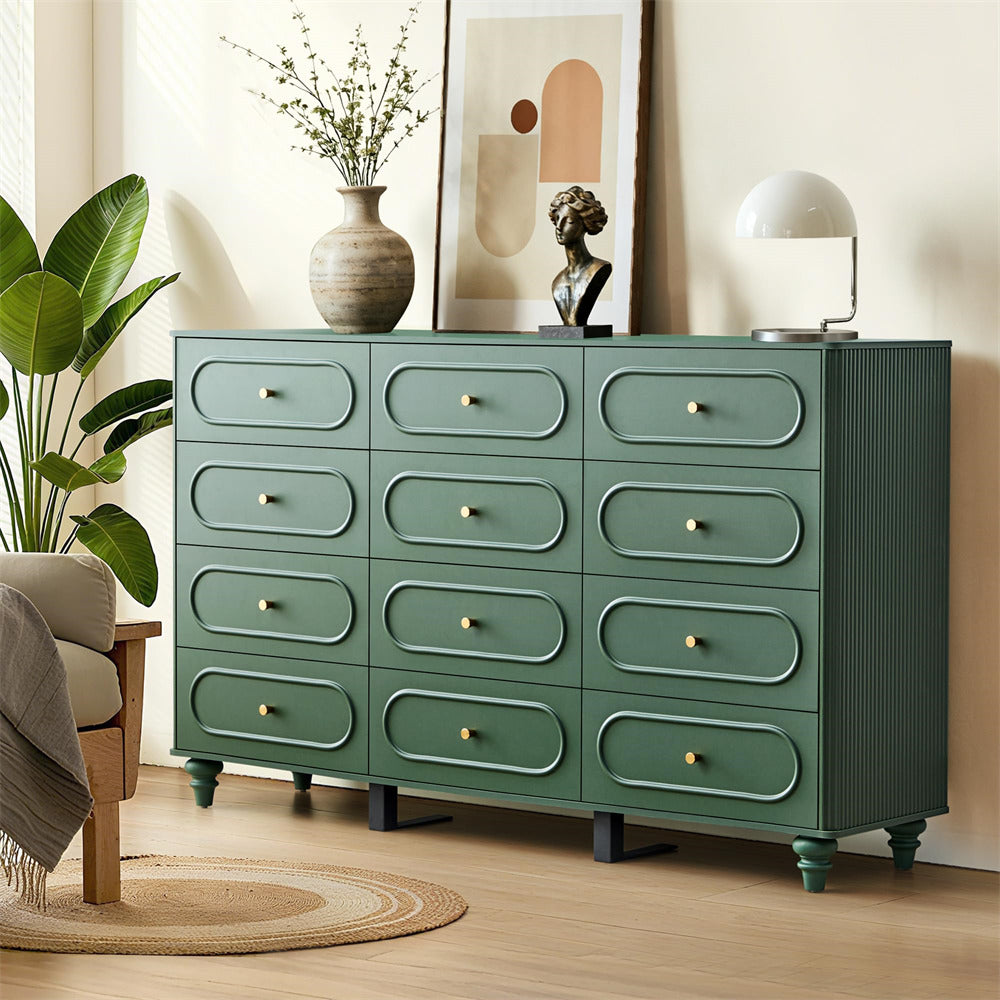 Green dresser with decorative items in a room setting