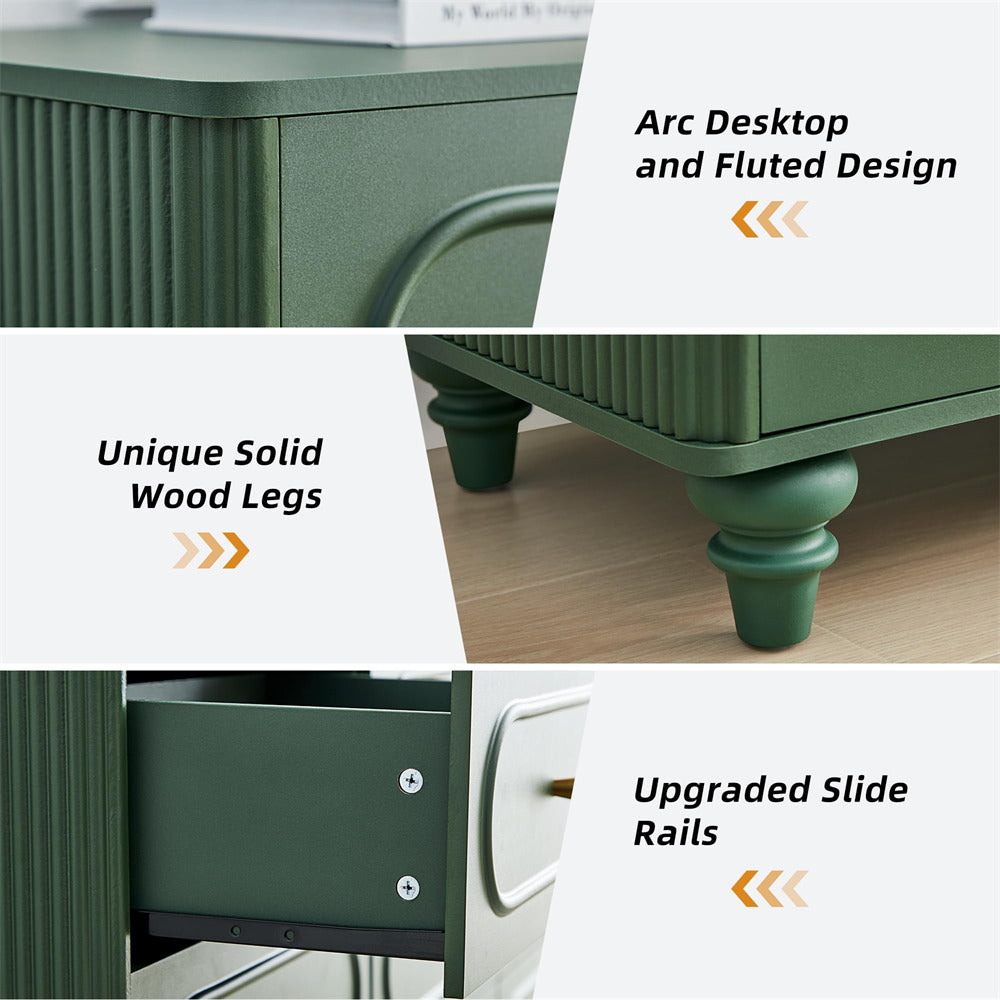 Green desk with text highlighting features like arc desktop, solid wood legs, and upgraded slide rails.