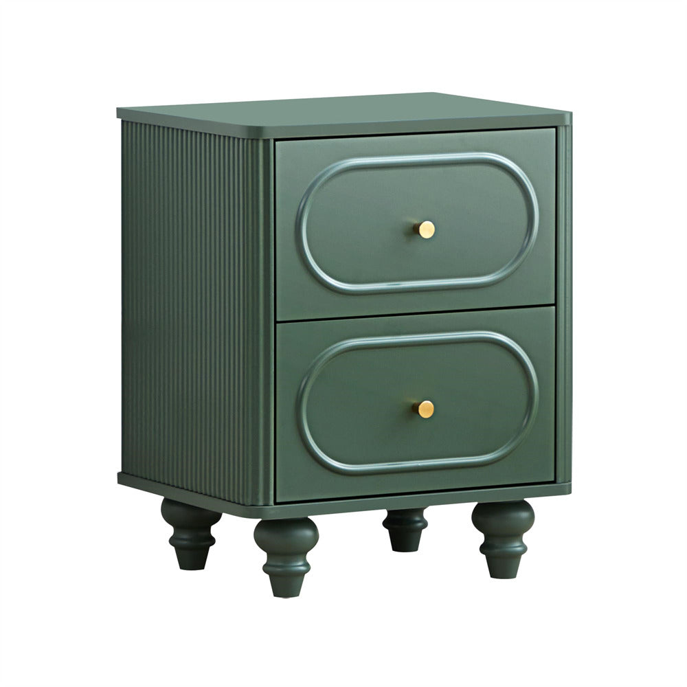 Green nightstand with two drawers on a white background