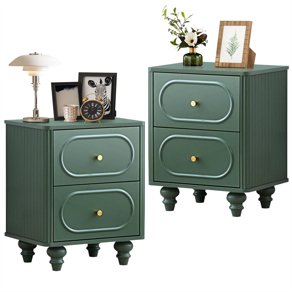 Two green nightstands with decorative items on a white background