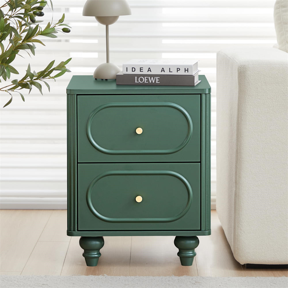 Green nightstand with two drawers in a room setting