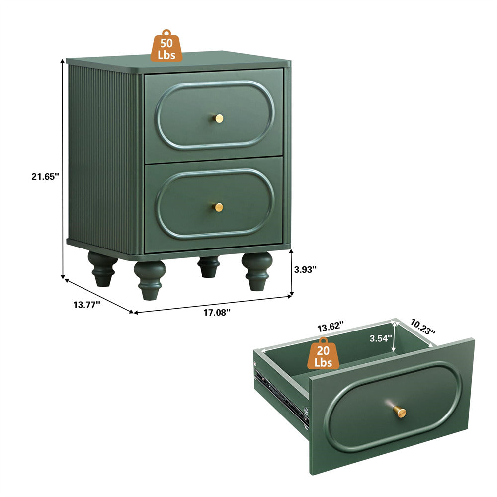 Green nightstand with dimensions and weight indicators on a white background