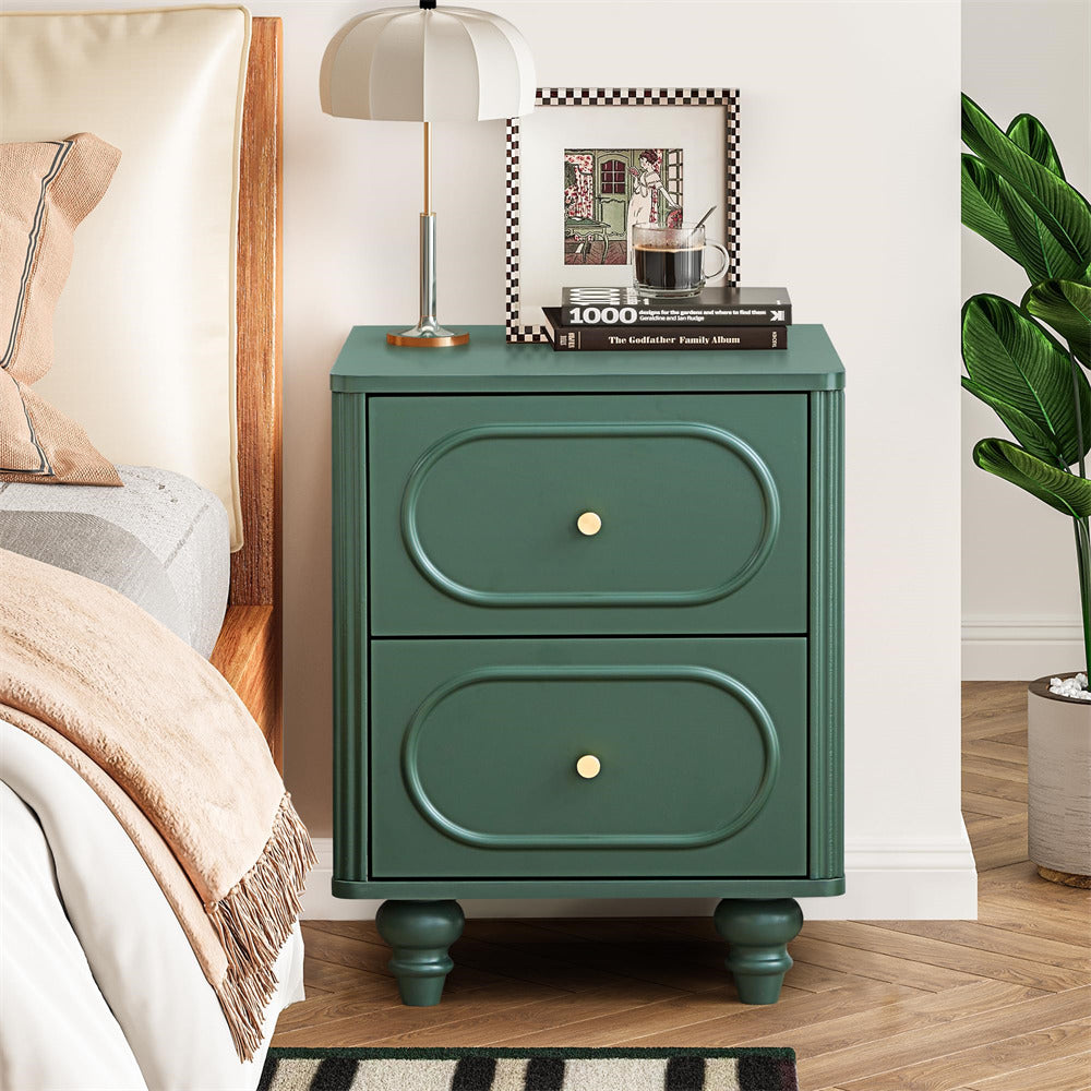 Green nightstand with two drawers in a bedroom setting
