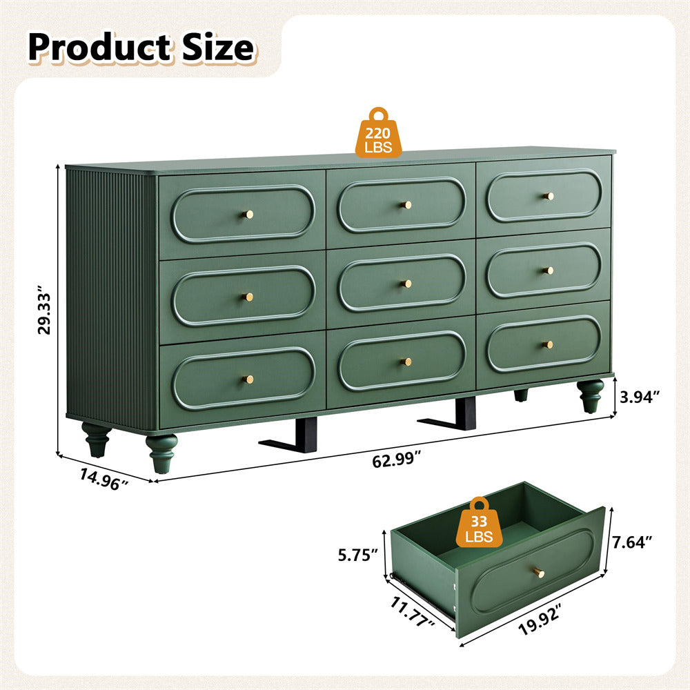 Green dresser with dimensions and weight information on a beige background
