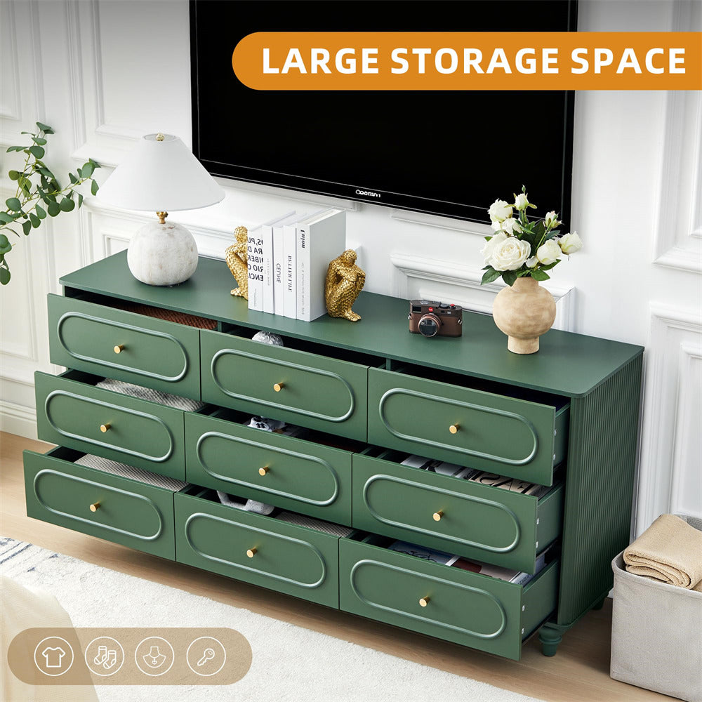 Green Mid Century Modern 9 Drawer Fluted Dresser Wood Storage Cabinet