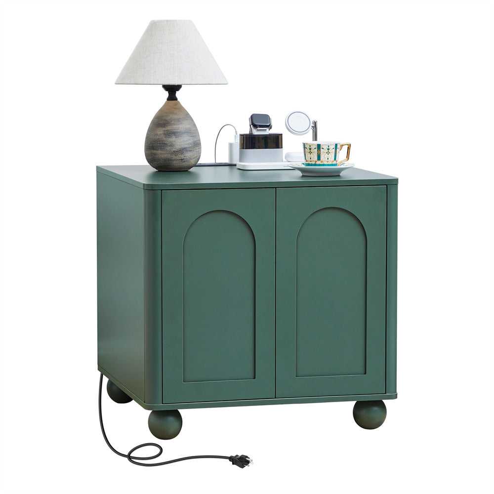 Green cabinet with a lamp and other items on a white background