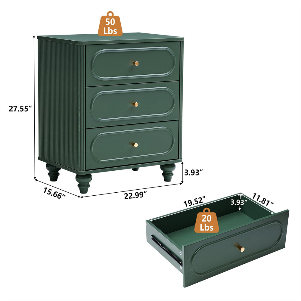 Green dresser with dimensions and weight indicators on a white background