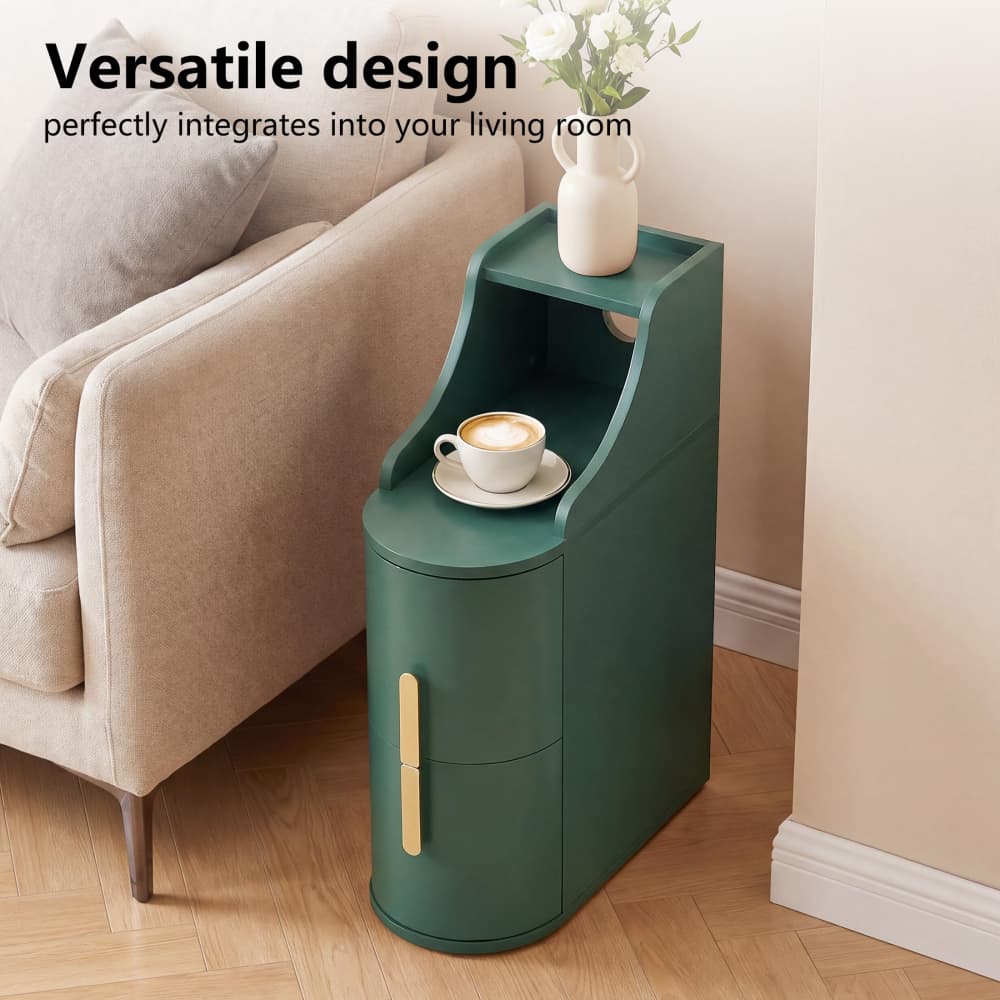 Green Mid Century Modern Wooden 2 Drawer Thin Cylinder End Table with Cable Management Hole