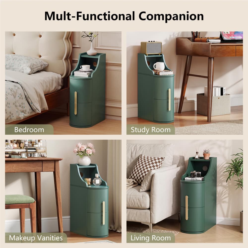 Green Mid Century Modern Wooden 2 Drawer Thin Cylinder End Table with Cable Management Hole