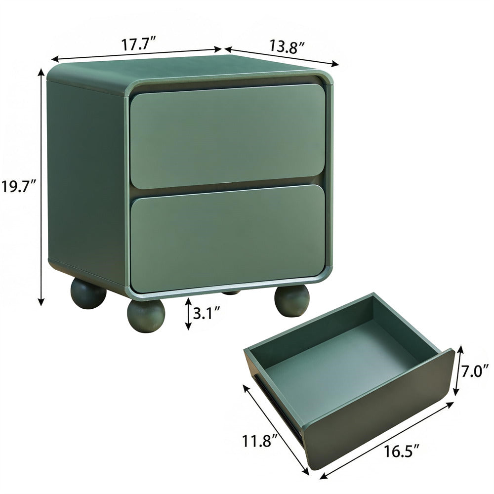 Green metal file cabinet with dimensions labeled on a white background