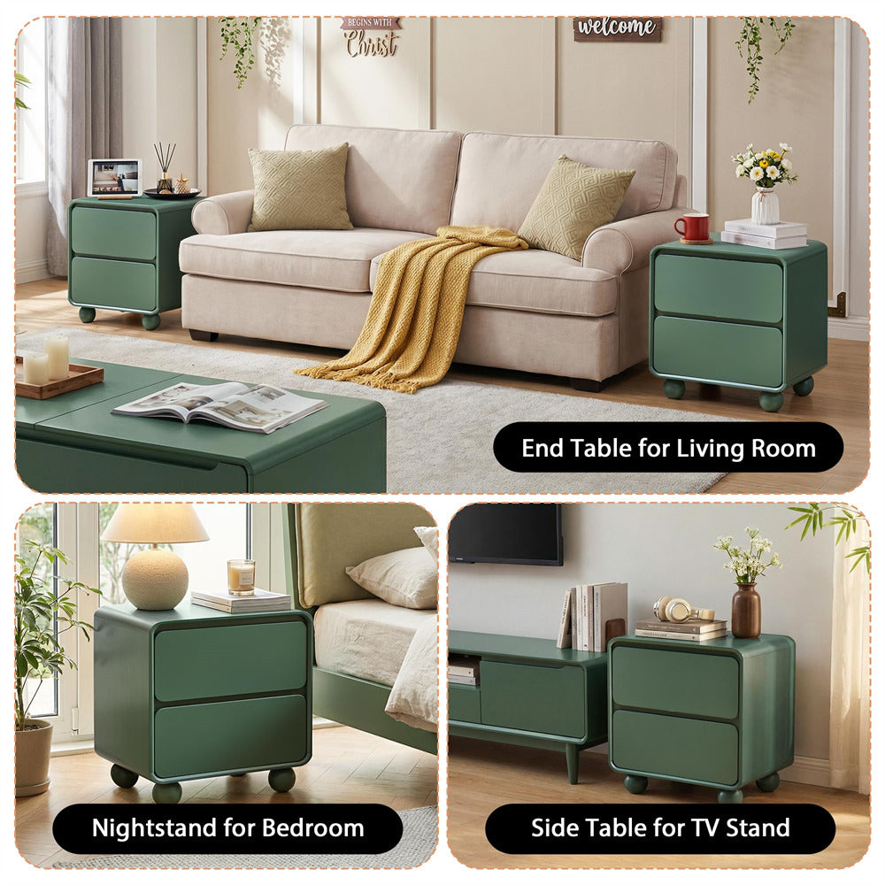 Collage of green end tables in a living room, bedroom, and TV stand setting.