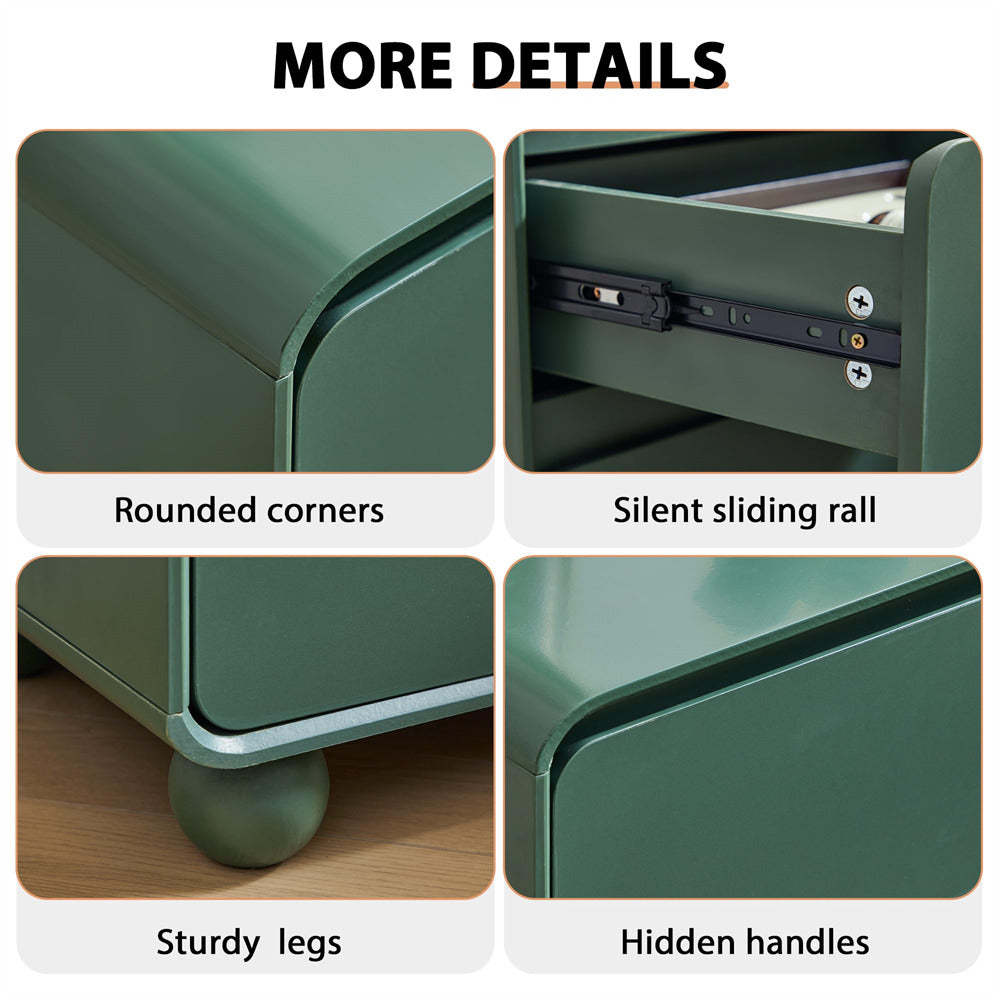 Green storage unit with features labeled: rounded corners, silent sliding rail, sturdy legs, and hidden handles.