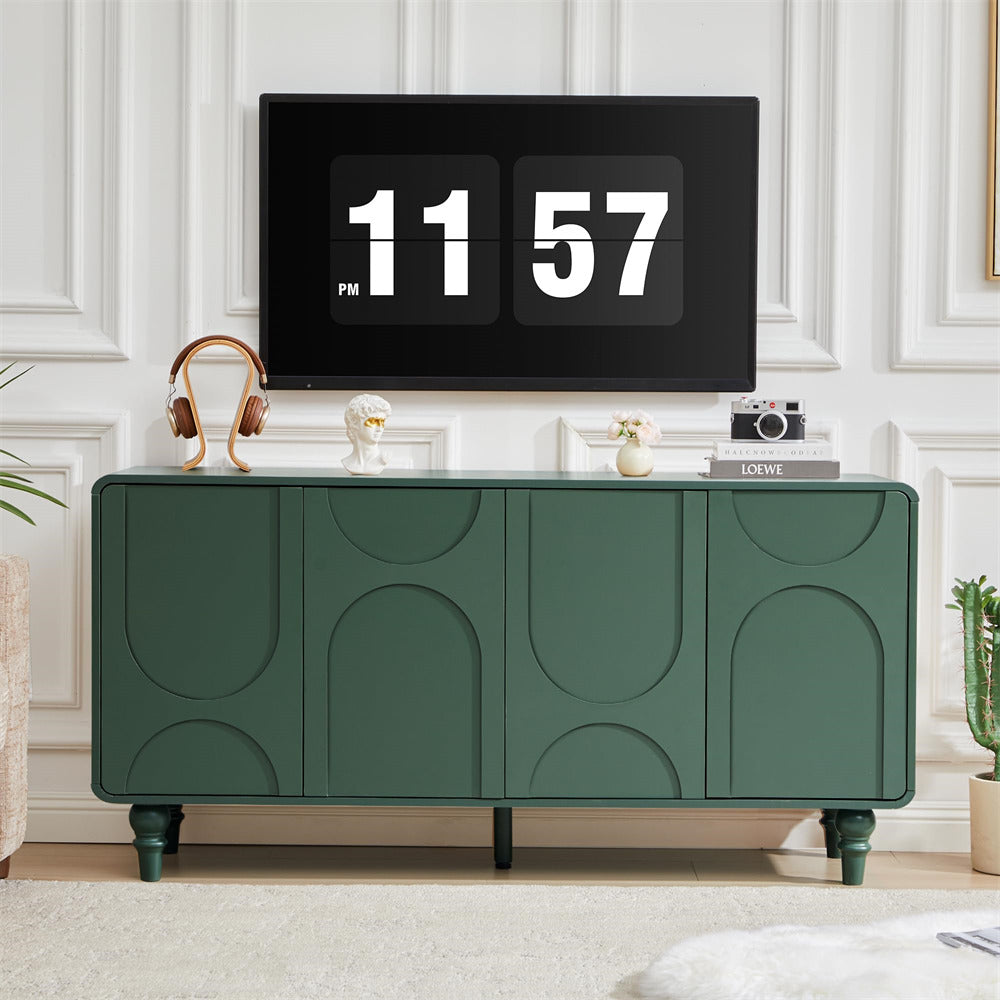 Green sideboard with decorative elements in a stylish room