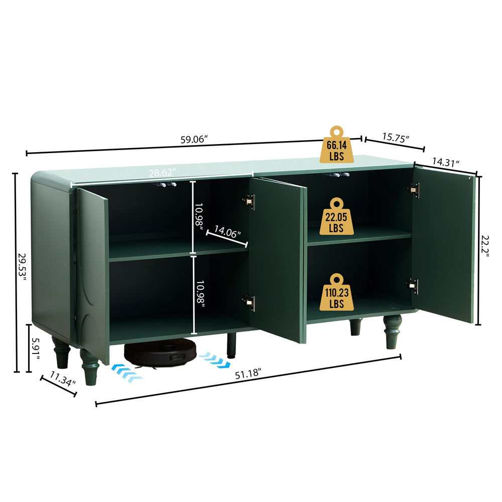 Green cabinet with dimensions and weight indicators on a white background
