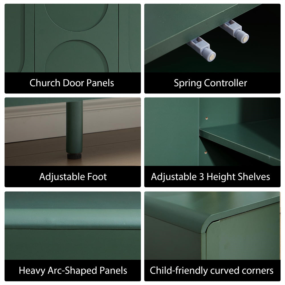 Collage of green furniture features including church door panels, spring controller, adjustable foot, shelves, arc-shaped panels, and child-friendly corners.