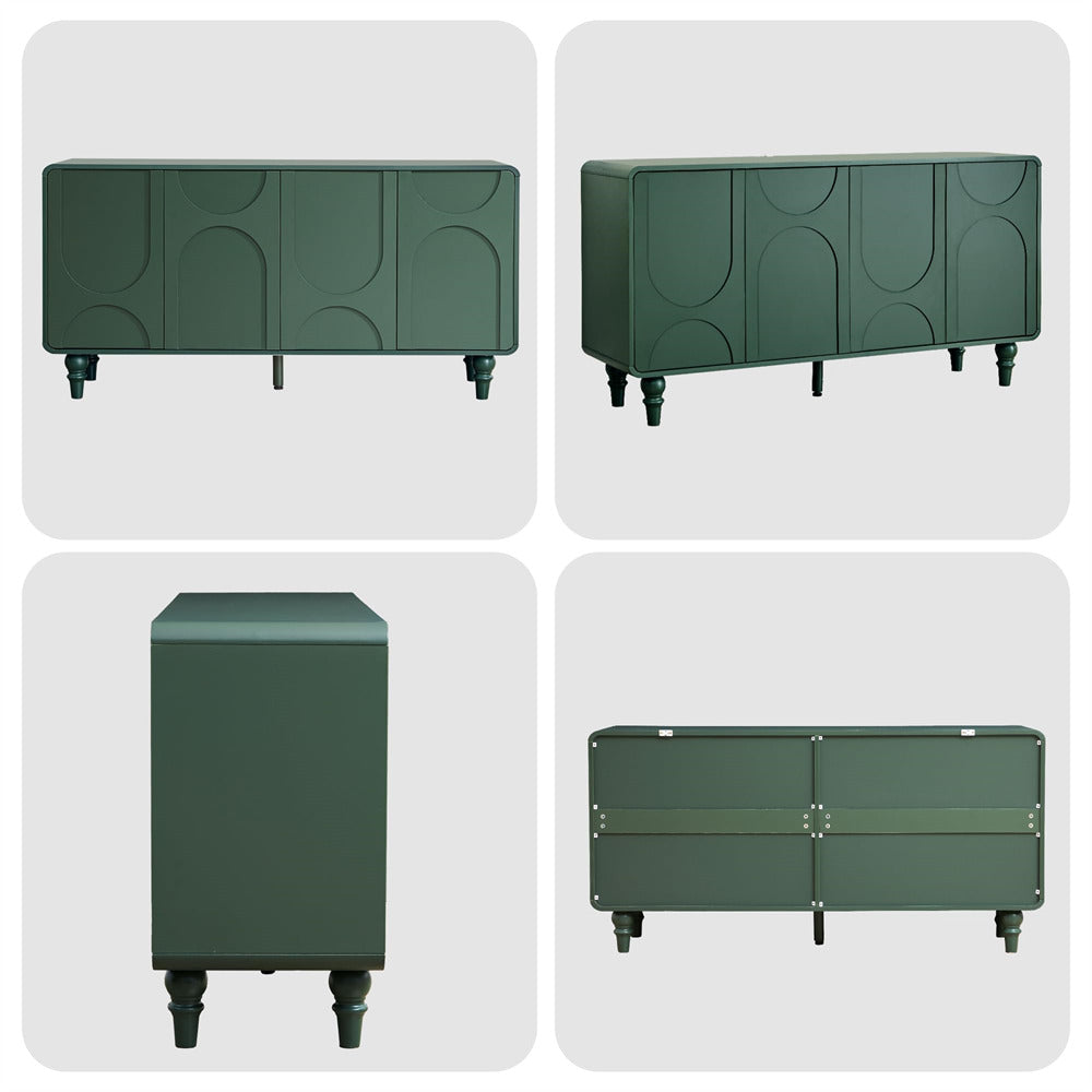 Four different views of a green cabinet on a white background