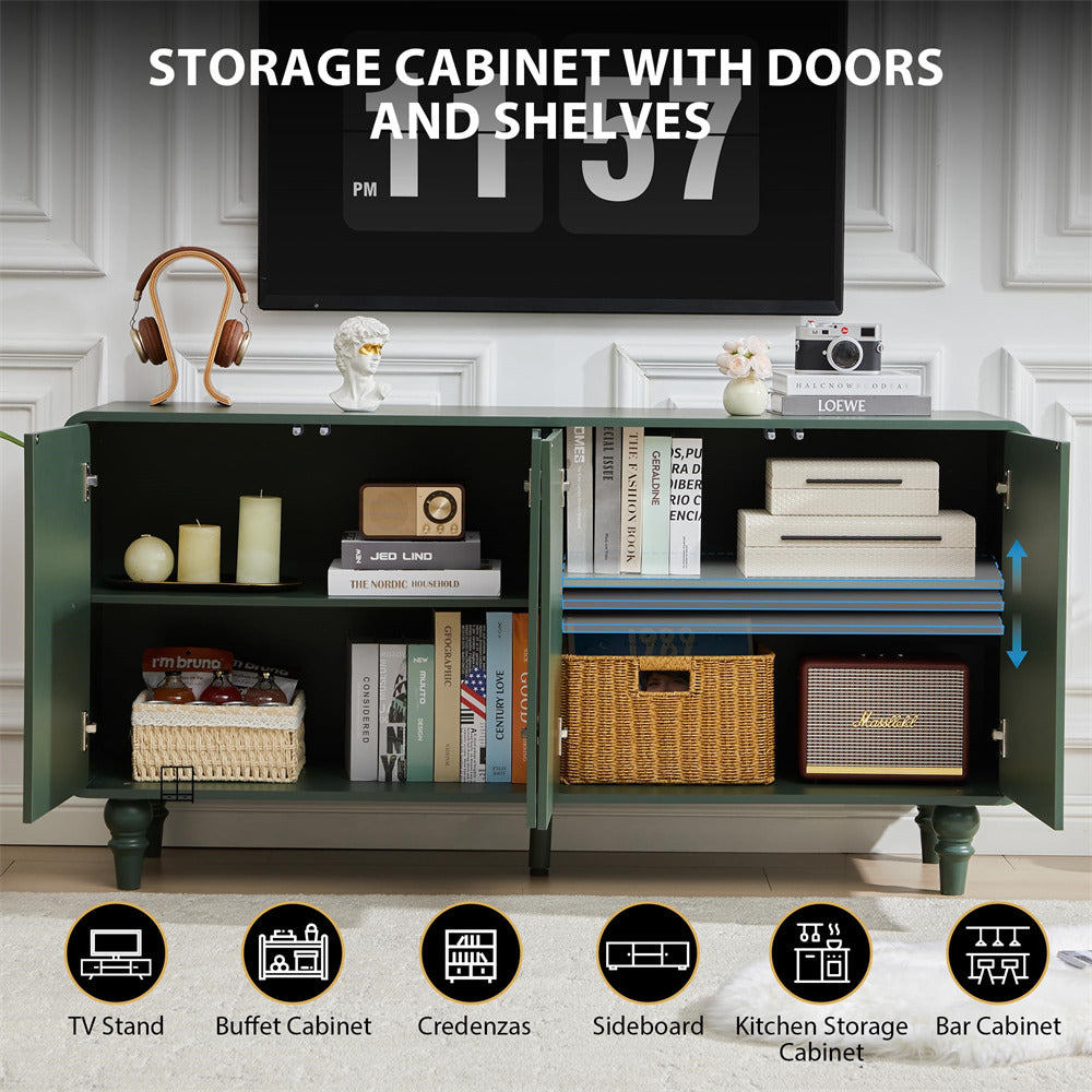 Storage cabinet with doors and shelves in a room setting, displaying books and decorative items.
