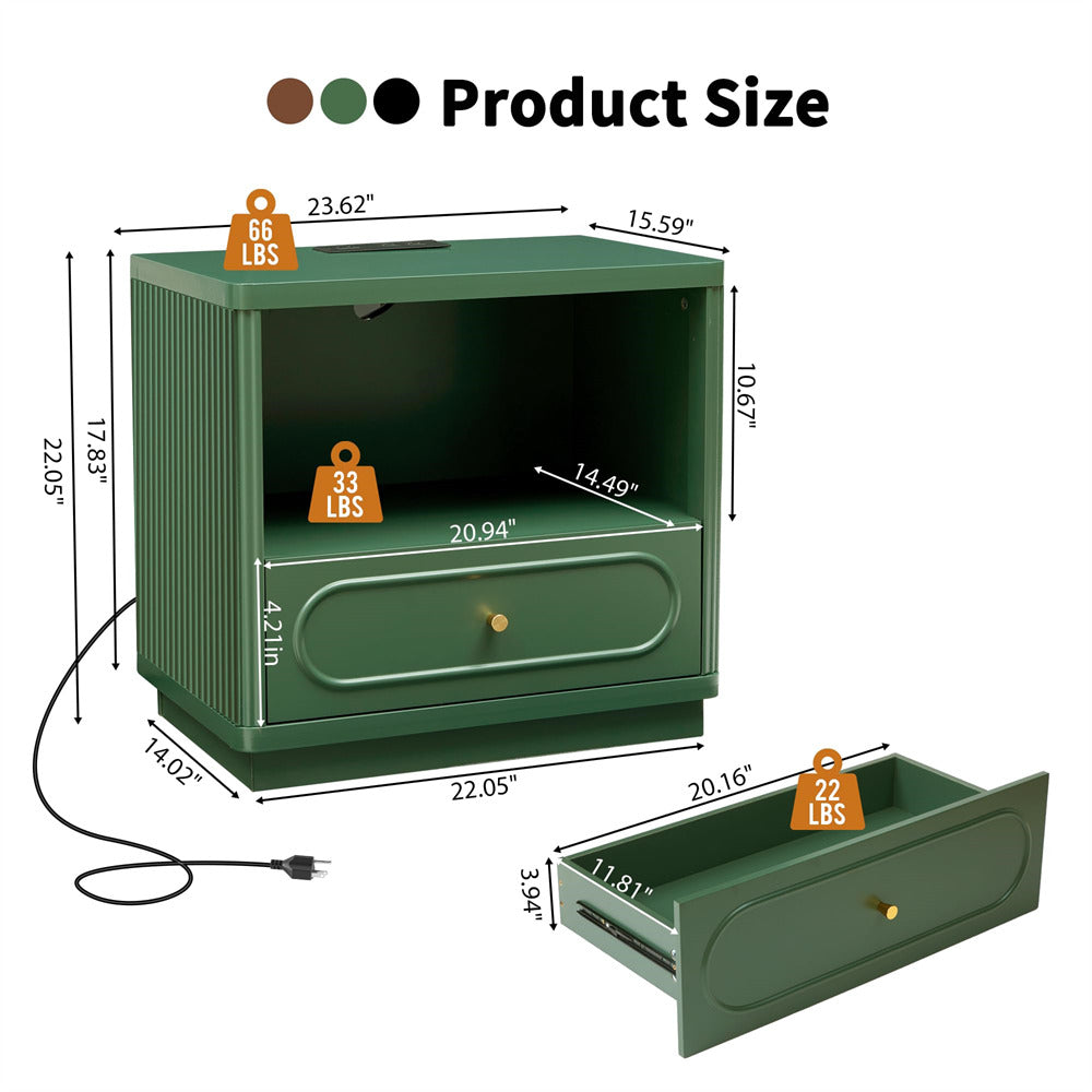 Green nightstand with measurements and weight indicators on a white background