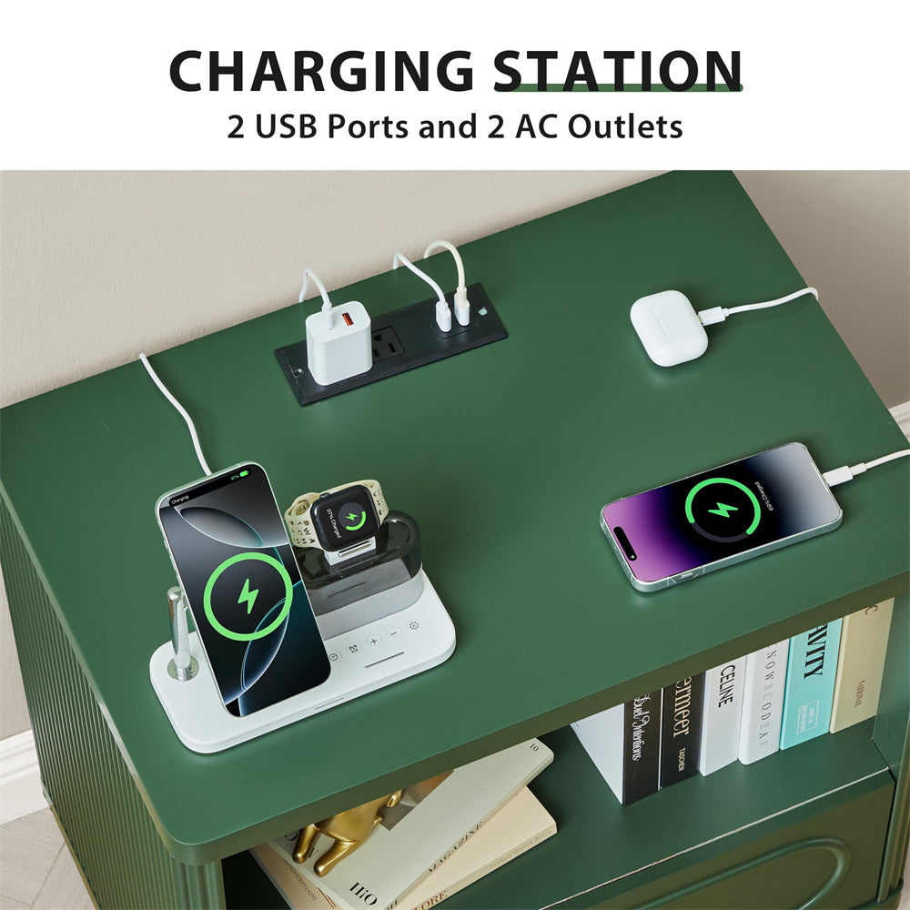 Green charging station with 2 USB ports and 2 AC outlets, charging multiple devices.