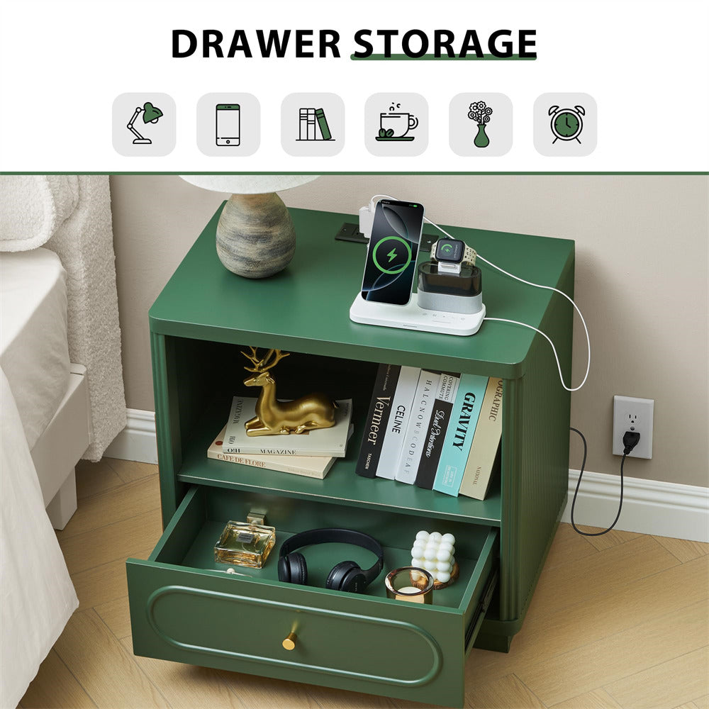 Green drawer storage unit with electronic devices and books in a room setting.