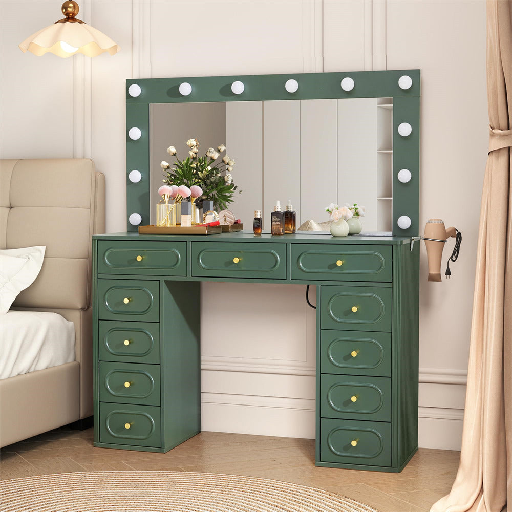 Green vanity desk with mirror and lights in a bedroom setting