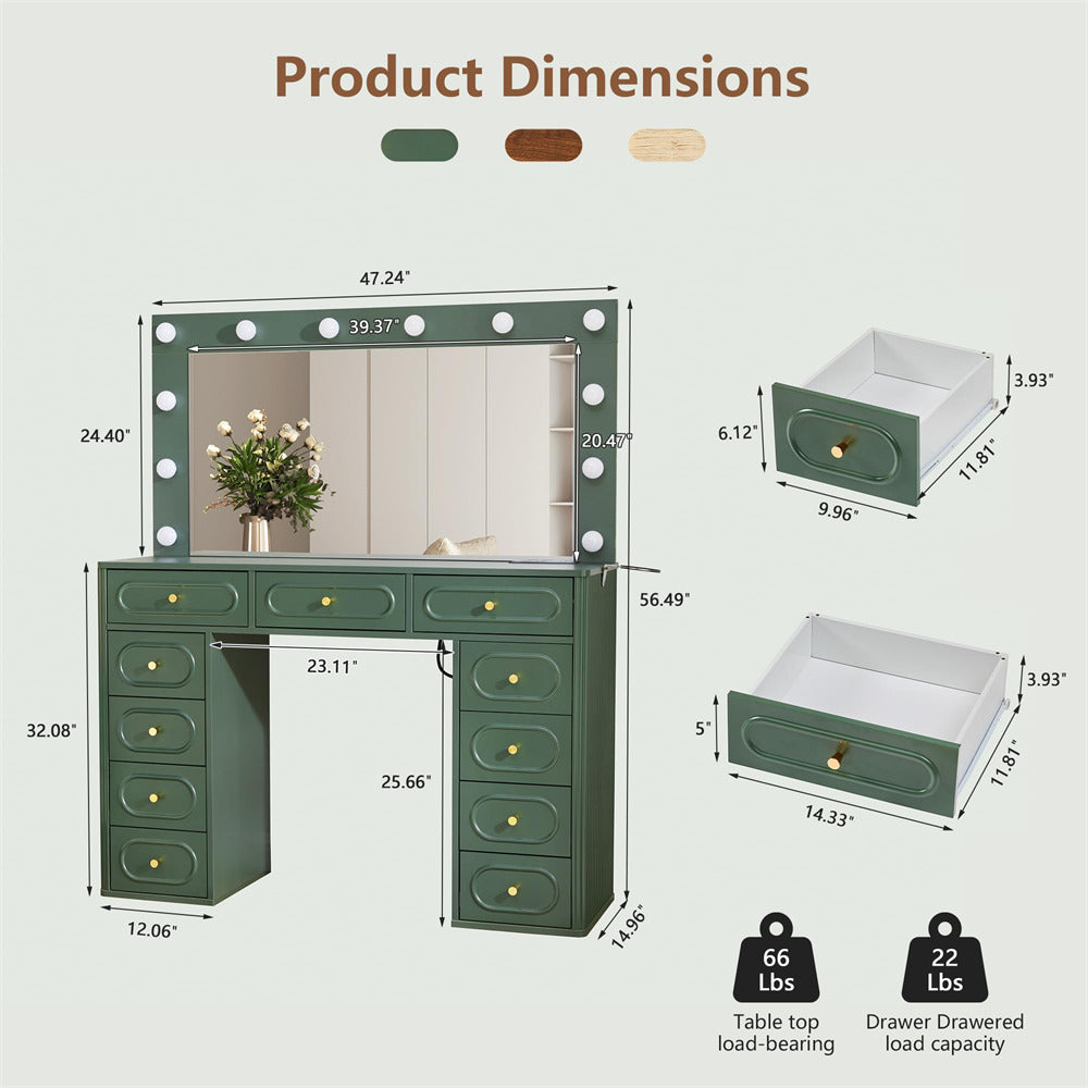 Green vanity table with dimensions and weight capacity details on a white background