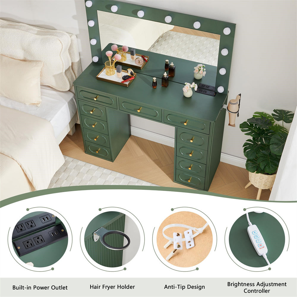 Green vanity table with mirror and lights in a bedroom setting