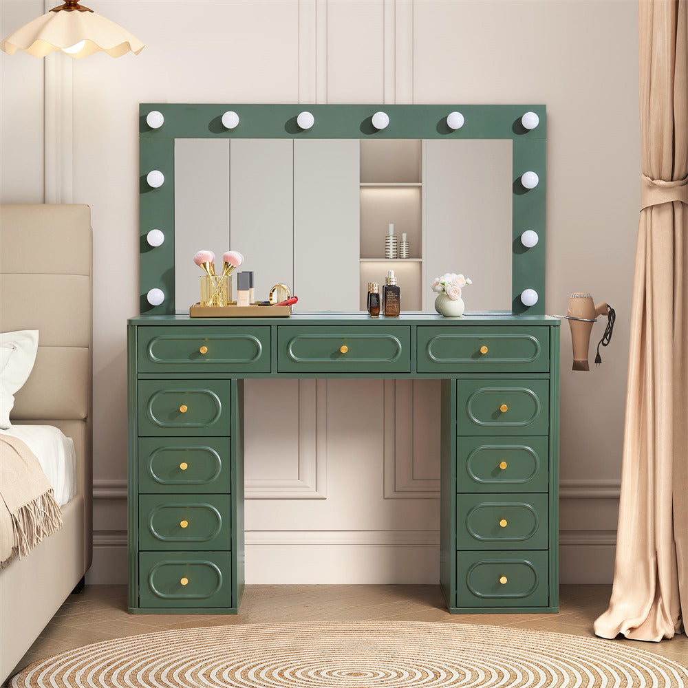 Green vanity desk with mirror and lights in a bedroom setting