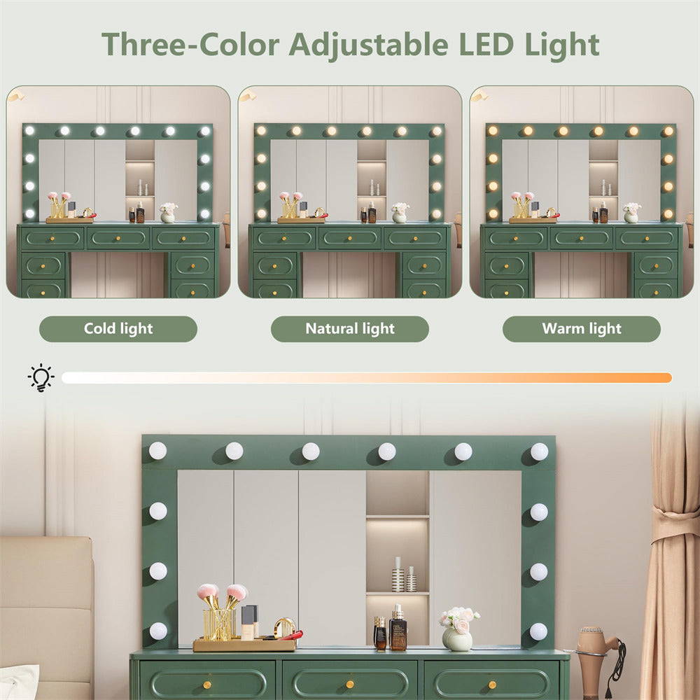 Three-color adjustable LED light setup with a vanity mirror and drawers.