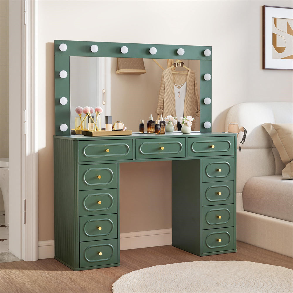 Green vanity table with mirror and lights in a room setting