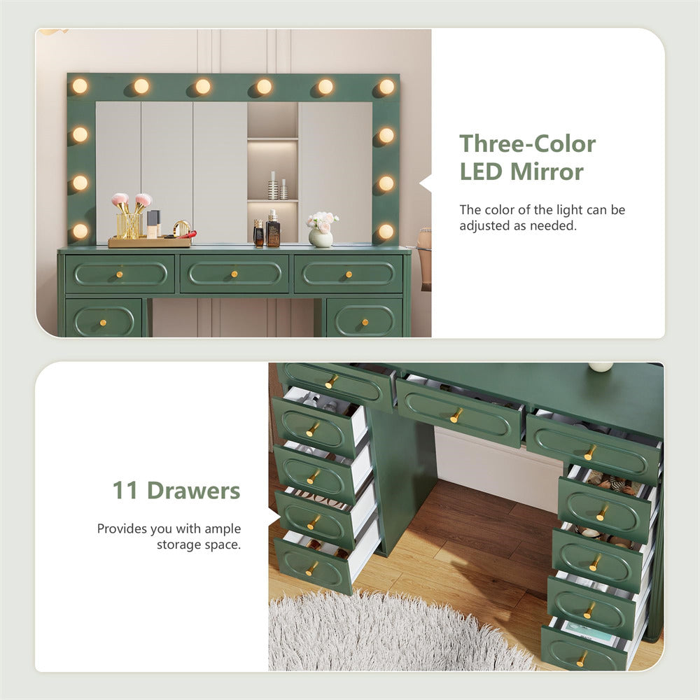 Green vanity desk with LED mirror and 11 drawers on a light gray background
