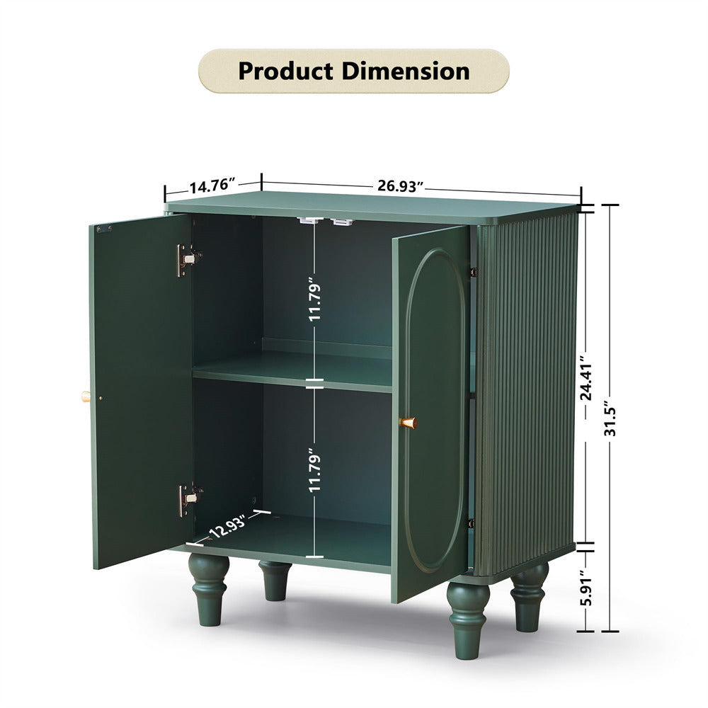 Green cabinet with dimensions labeled on a white background
