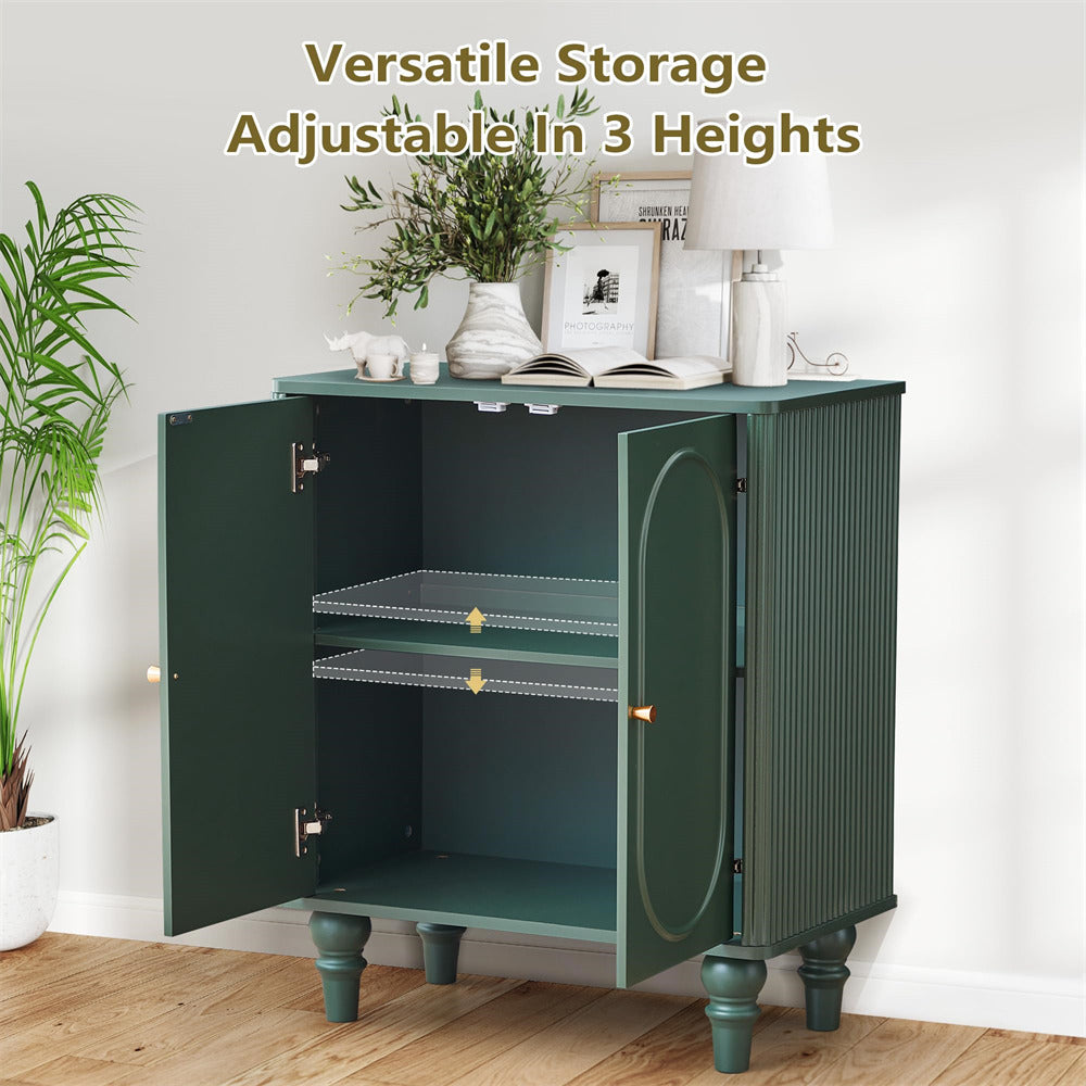 Green storage cabinet with adjustable shelves in a room setting.