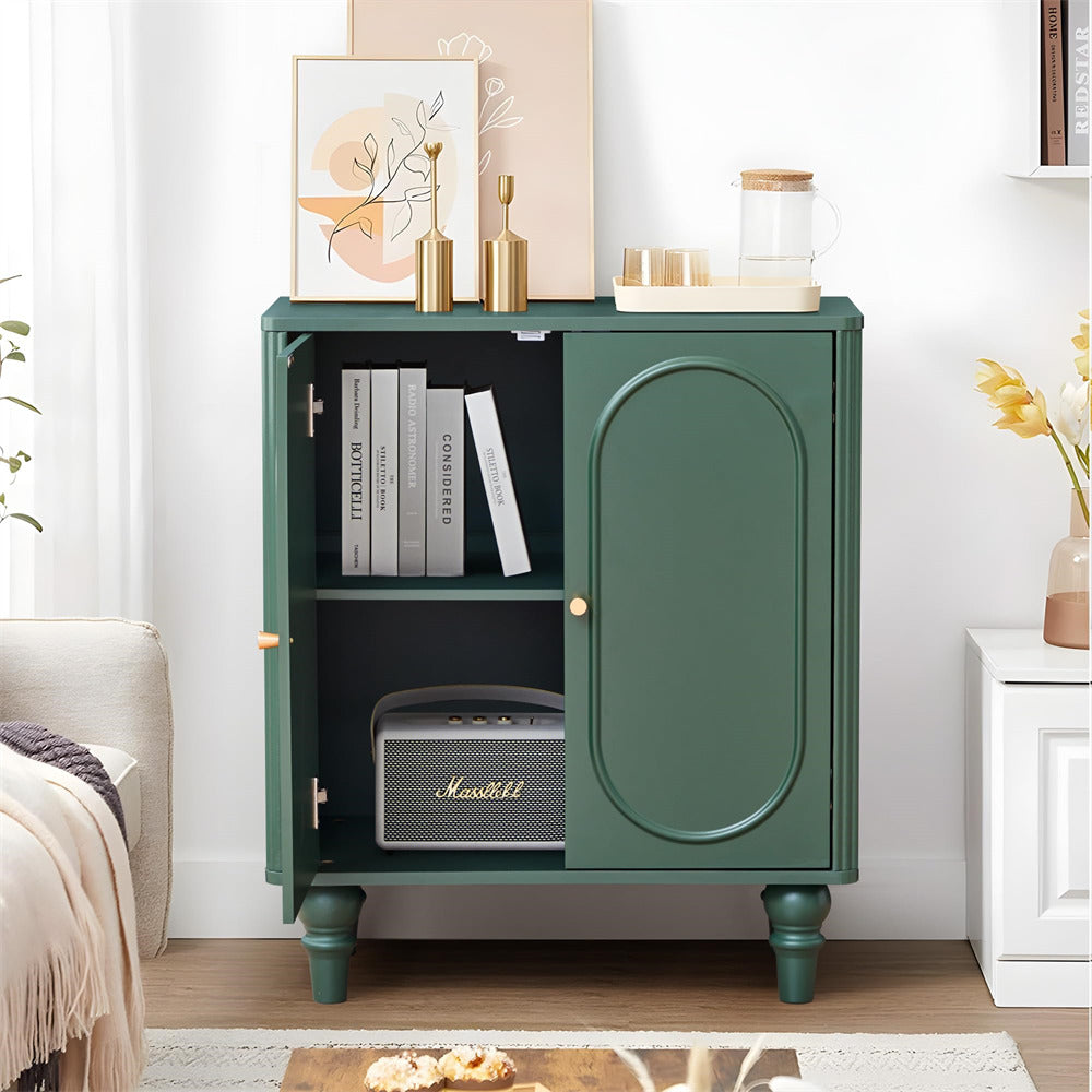 Green cabinet with decorative items in a living room setting