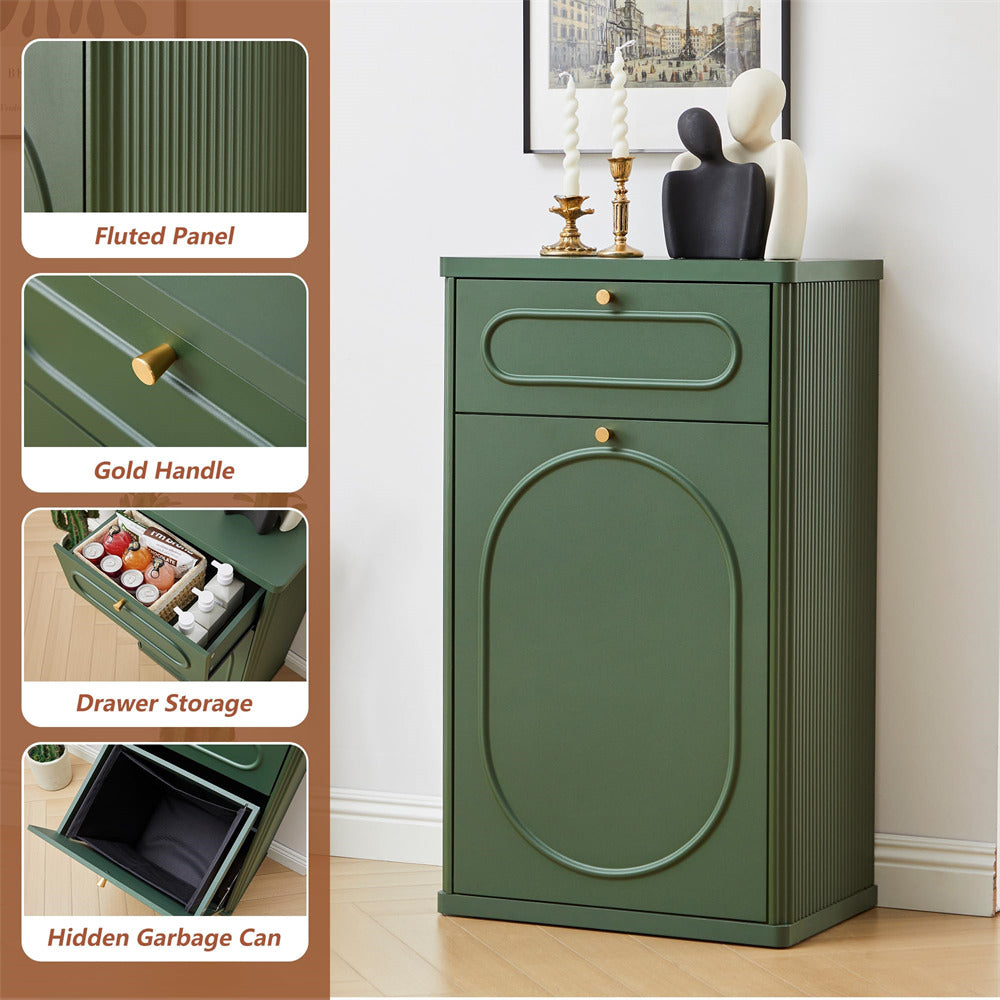 Green cabinet with fluted panel, gold handle, drawer storage, and hidden garbage can feature.