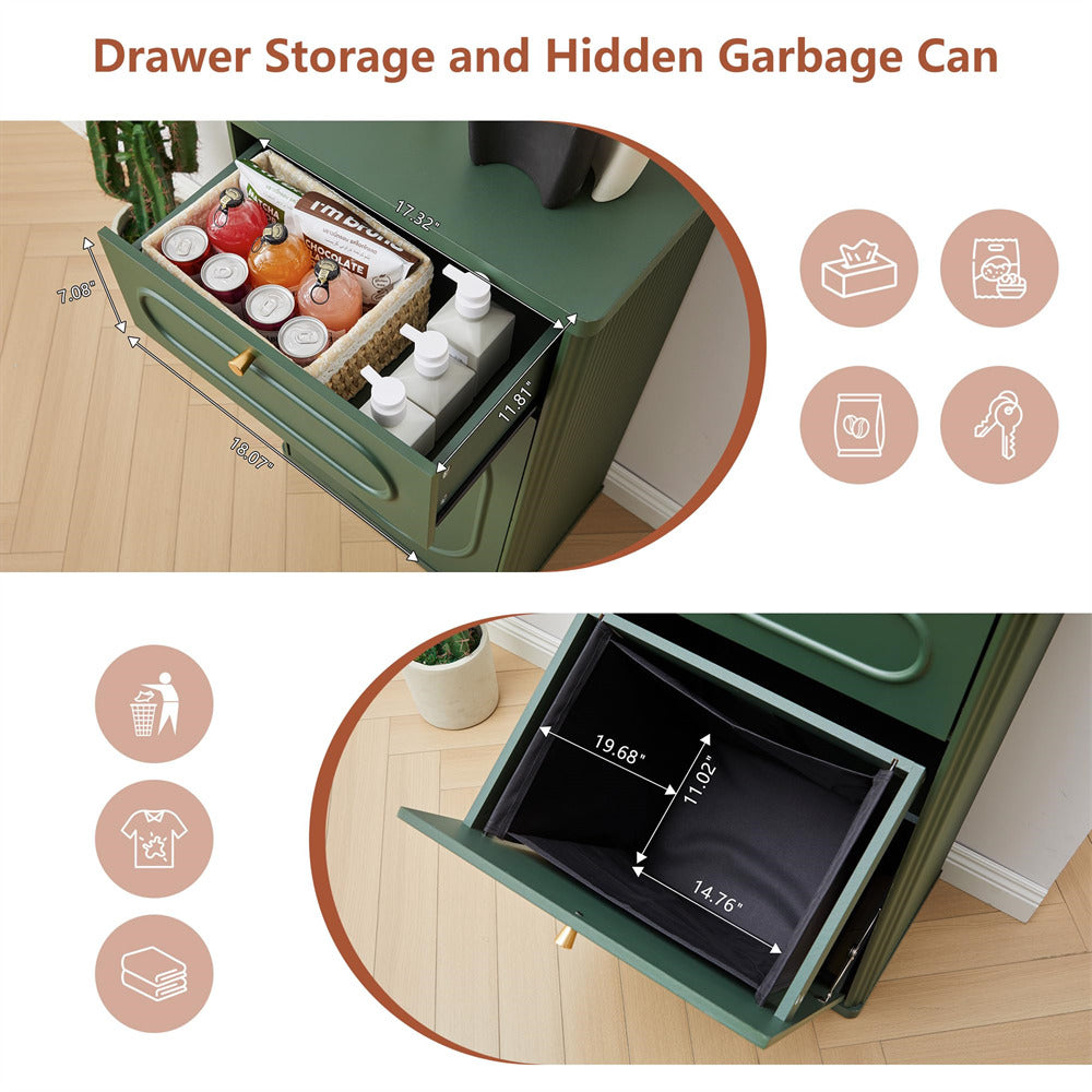 Green cabinet with drawer storage and hidden garbage can feature, showing interior and dimensions.