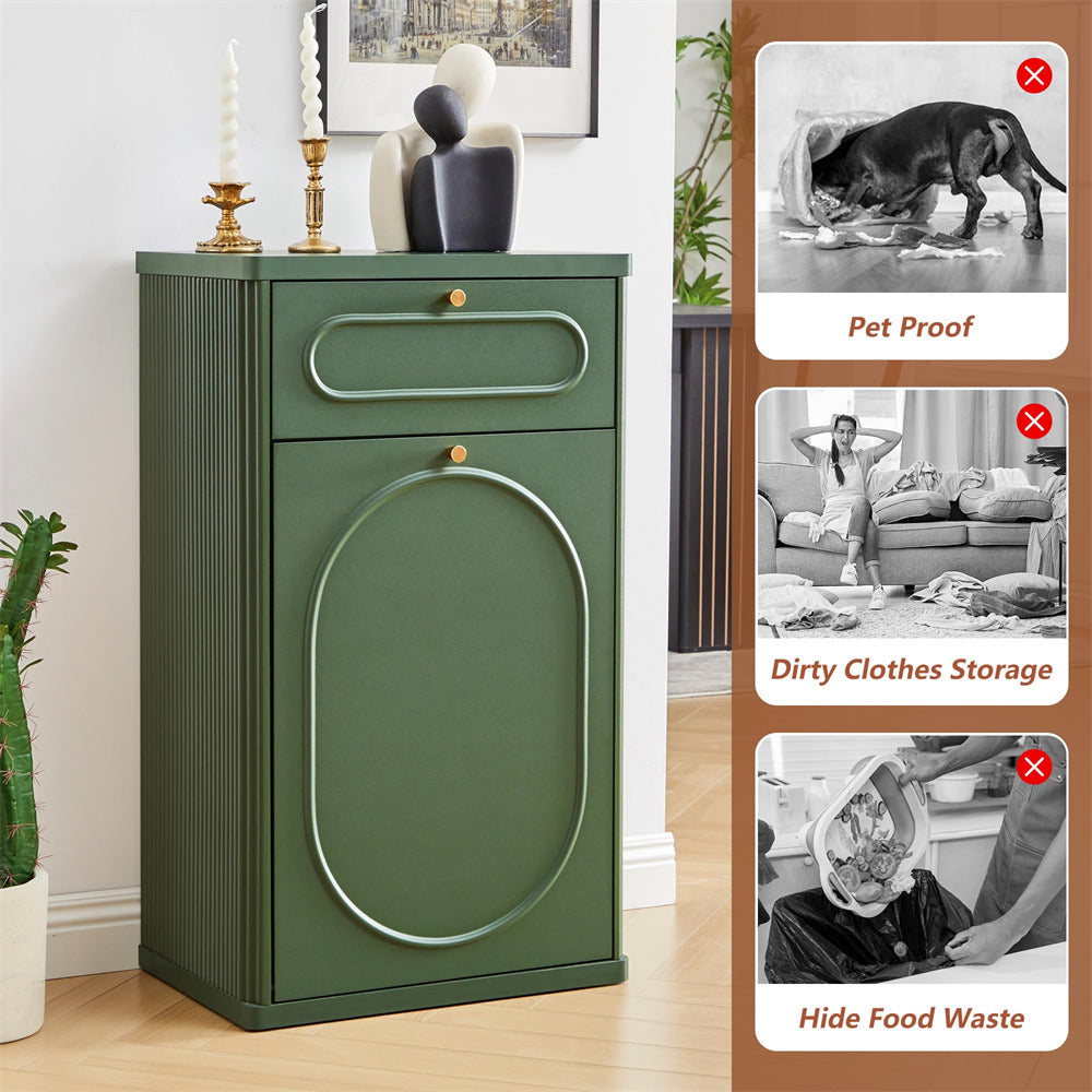 Green cabinet with pet proof, dirty clothes storage, and hide food waste features on a wooden floor.