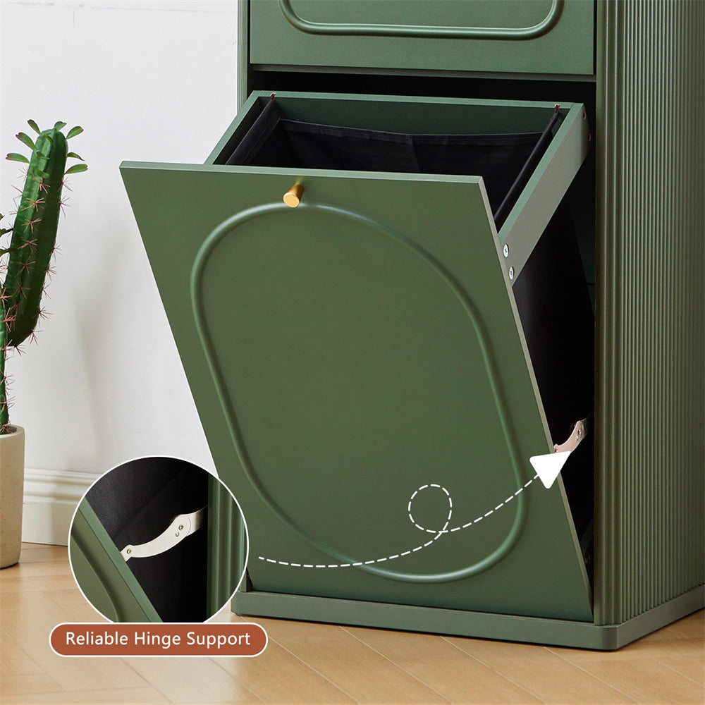 Green metal trash bin with one drawer open, showing a reliable hinge support feature.