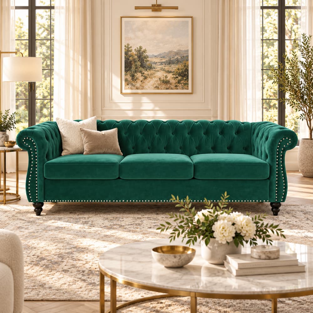 Green Velvet 3-Seat Chesterfield Sofa with Button Tufted Back