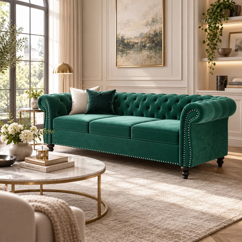 A classic Chesterfield-style sofa in deep emerald green velvet, styled in a luxurious, warm-toned living room with a marble coffee table, beige rug, and decorative plants.