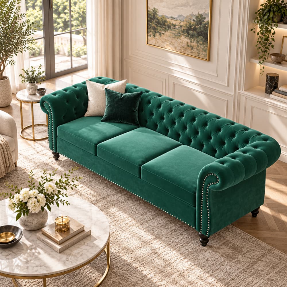 A plush emerald green velvet Chesterfield-style sofa with button tufting, nailhead trim, and dark wooden legs, styled in a bright, elegant living room with beige walls, a marble coffee table, and neutral throw pillows.