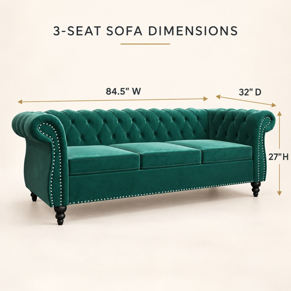 Green Velvet 3 Seater Chesterfield Sofa Dimensions