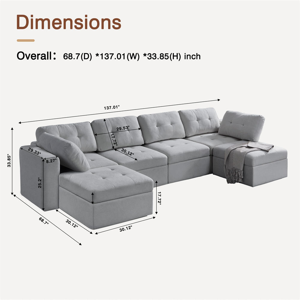 Gray sectional sofa with dimensions displayed on a white background